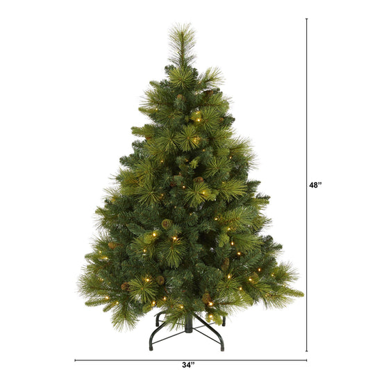 Nearly Natural 4 ft North Carolina Mixed Pine artificial Christmas tree with 130 warm white LED lights, bendable branches, pinecones on Tampa Home & Garden Store