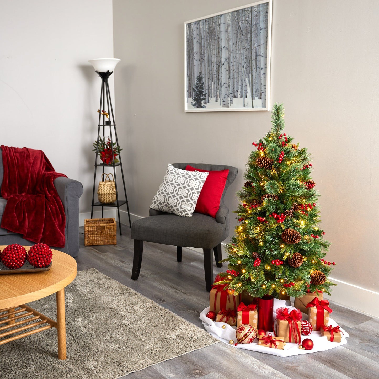 4’ Norway pine artificial Christmas tree with 150 clear LED lights, pine cones and berries on Tampa Home & Garden Store