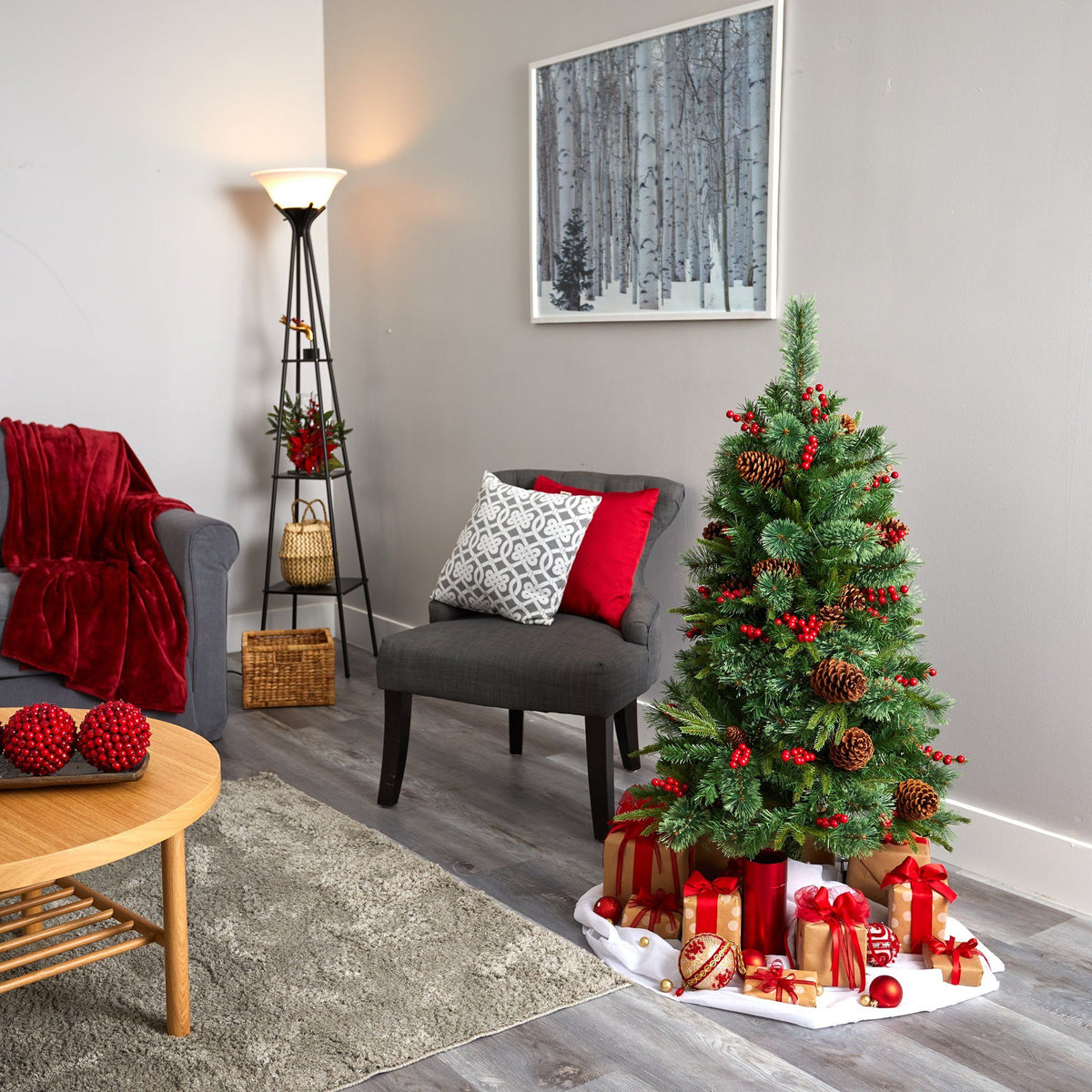 4’ Norway Mixed Pine Christmas tree by Nearly Natural with 150 LED lights, cones and berries on Tampa Home & Garden Store