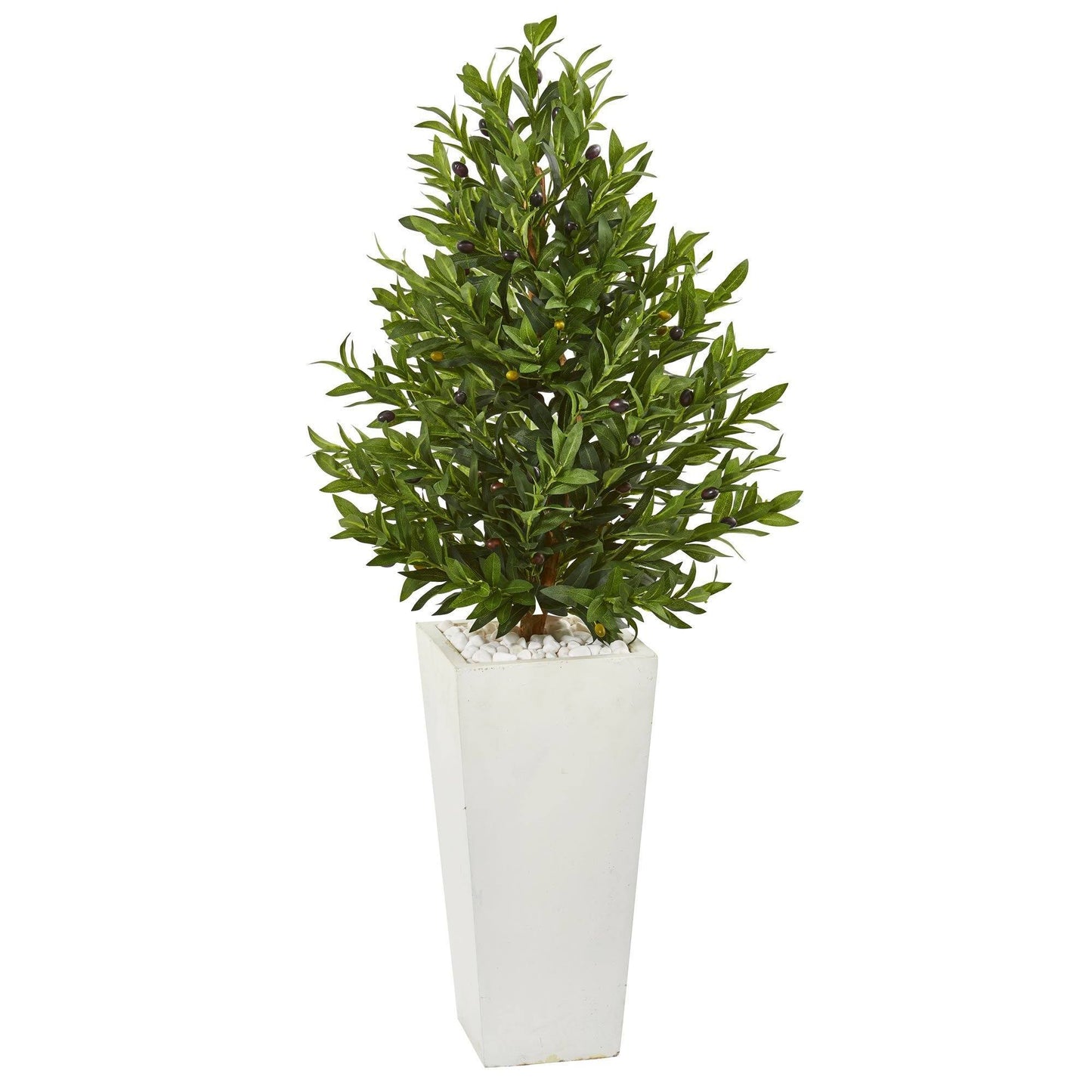 4 ft olive cone topiary artificial tree in white planter with olives Nearly Natural on Tampa Home & Garden Store