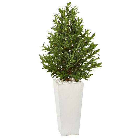 4 ft olive cone topiary artificial tree in white planter with olives Nearly Natural on Tampa Home & Garden Store