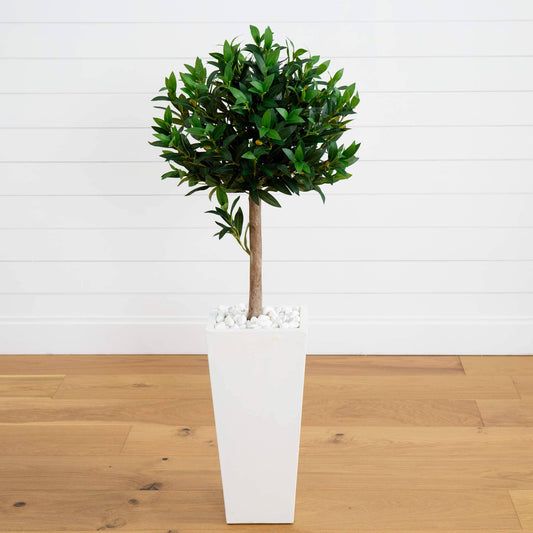 4’ Olive Topiary Artificial Tree in White Planter(Indoor/Outdoor) - Tampa Home & Garden Store
