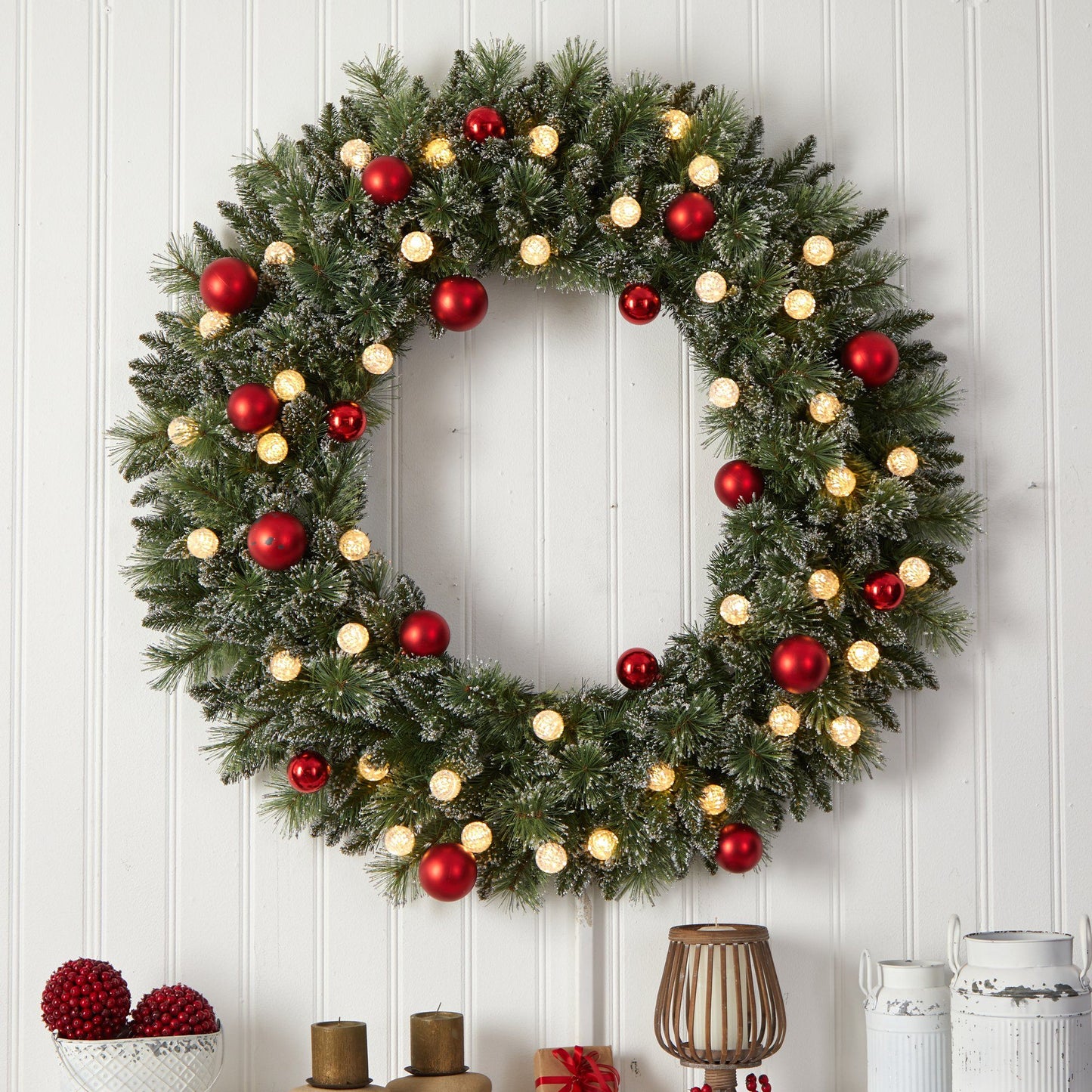 Wreath Nearly Natural 4' pre-lit frosted wreath with red ornaments and 40 LED lights on Tampa Home & Garden Store