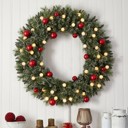Wreath Nearly Natural 4' pre-lit frosted wreath with red ornaments and 40 LED lights on Tampa Home & Garden Store