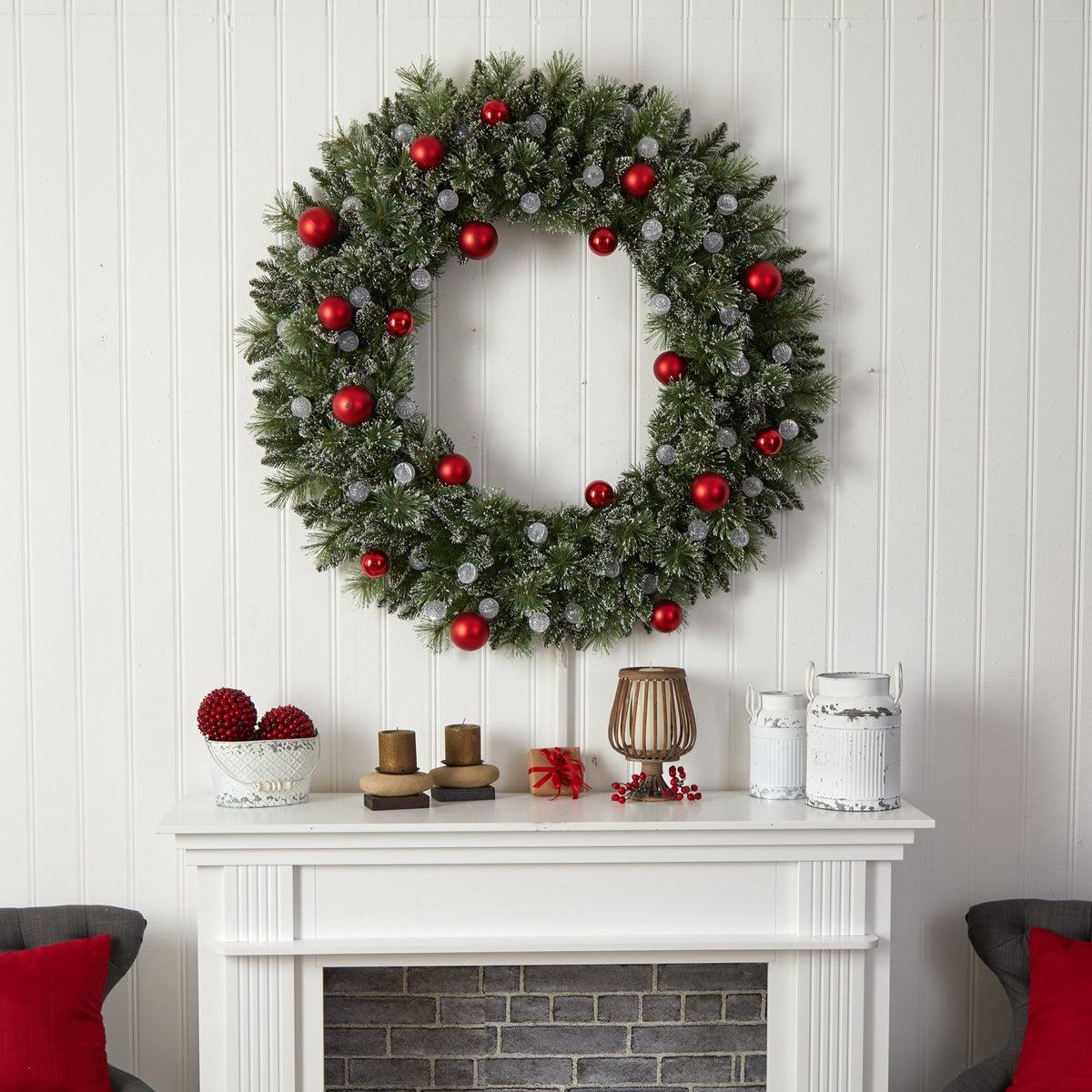 Wreath Nearly Natural 4ft frosted holiday wreath with red ornaments and 40 LED globe lights on Tampa Home & Garden Store