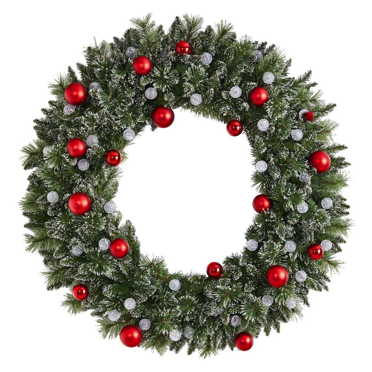 4' oversized pre-lit frosted wreath with red and silver ornaments and 40 LED globe lights on Tampa Home & Garden Store