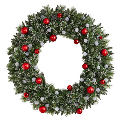 4' oversized pre-lit frosted wreath with red and silver ornaments and 40 LED globe lights on Tampa Home & Garden Store