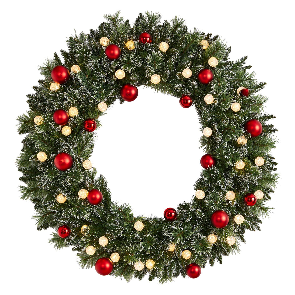 4' Frosted Pre-Lit Xmas Wreath by Nearly Natural with 40 LED Globe Lights and red ornaments on Tampa Home & Garden Store