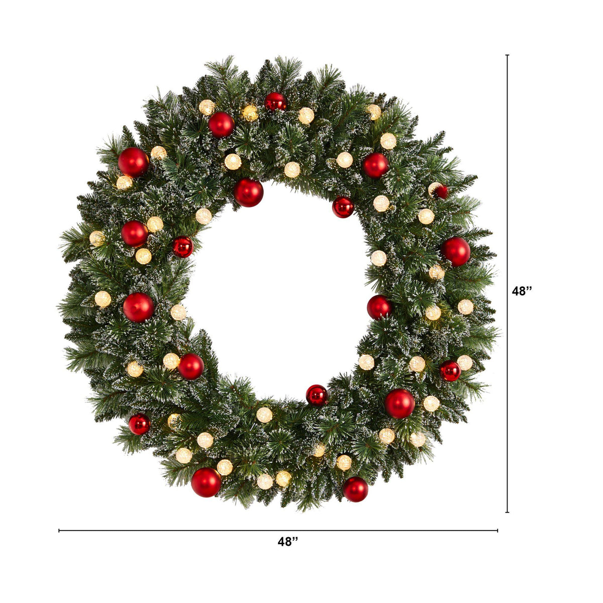 4' pre-lit frosted Christmas wreath by Nearly Natural with red ornaments and 40 LED globe lights on Tampa Home & Garden Store