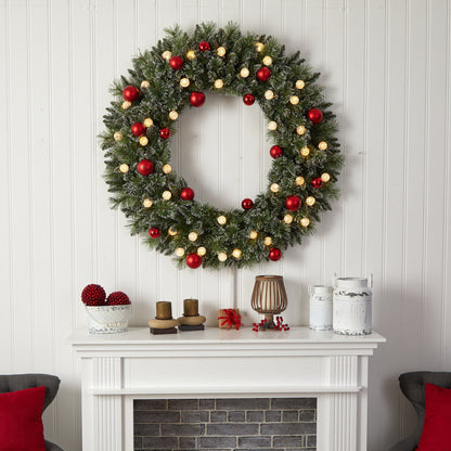 Wreath Nearly Natural 4 ft frosted Christmas with red ornaments and 40 LED globe lights on Tampa Home & Garden Store