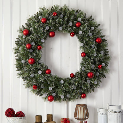Wreath 4ft frosted pre-lit with red ornaments and 40 LED globe lights by Nearly Natural on Tampa Home & Garden Store