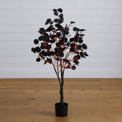 4' Pre-Lit Halloween Black Eucalyptus Tree with orange & purple LED lights in black pot on Tampa Home & Garden Store