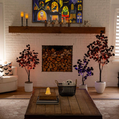 Two 4' Pre-Lit Halloween Black Eucalyptus Trees by Nearly Natural, 160 orange & purple LEDs on Tampa Home & Garden Store