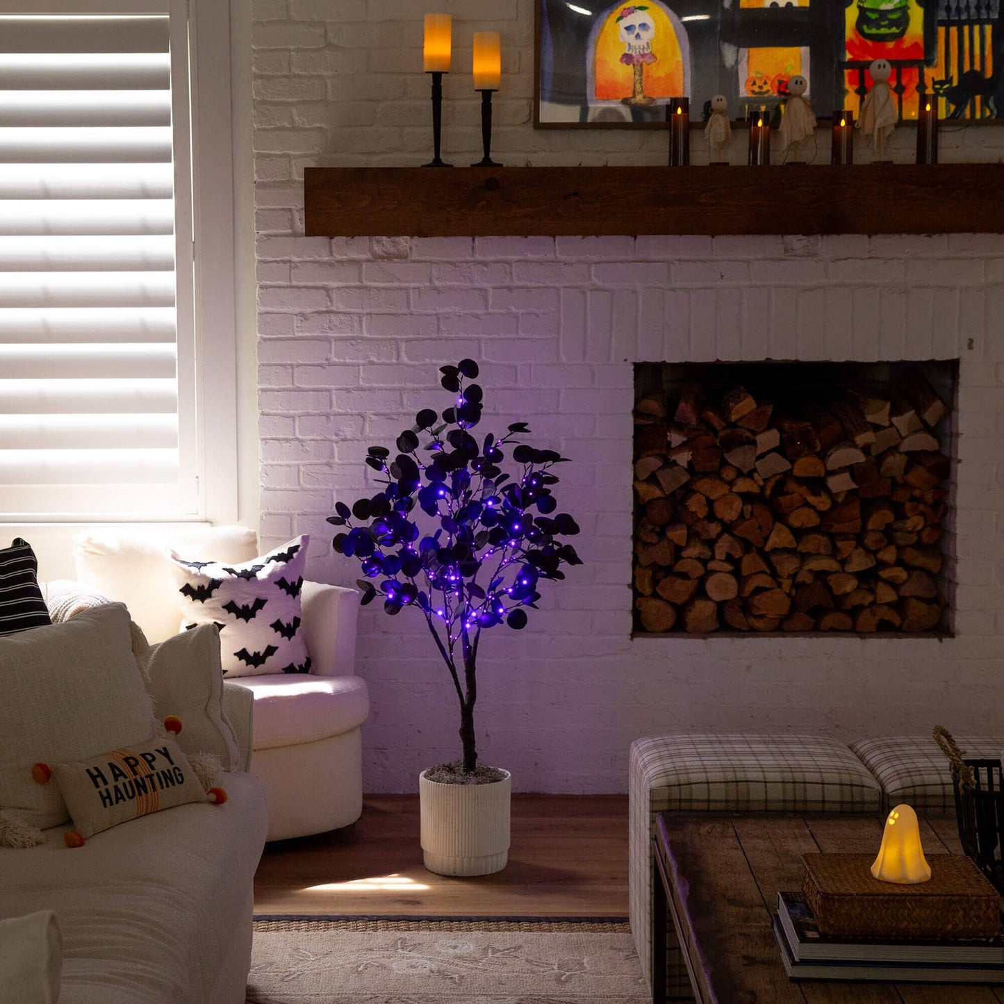 4' Pre-Lit Halloween Black Eucalyptus Tree with orange & purple LEDs in white planter on Tampa Home & Garden Store