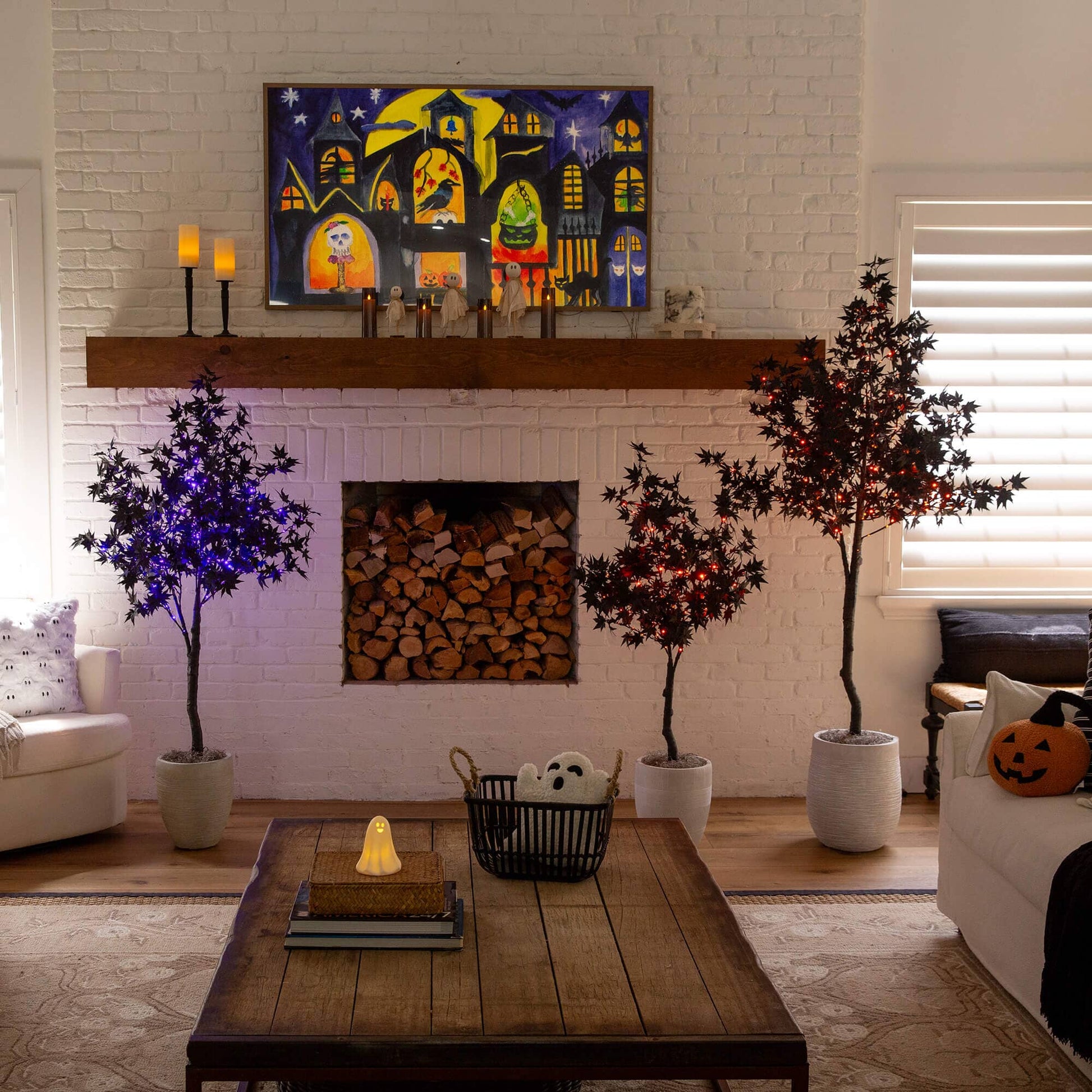 Two 4' Nearly Natural Halloween black maple trees, orange and purple LED lights in pots on Tampa Home & Garden Store