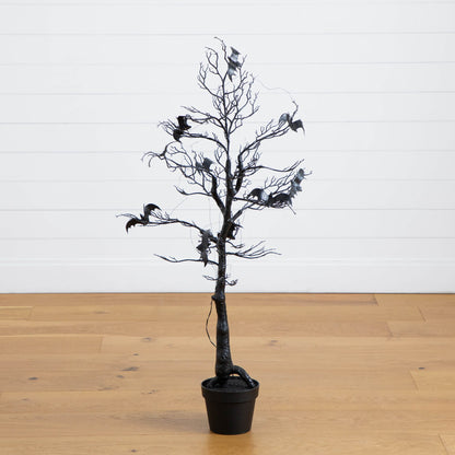 4ft pre-lit black spooky twig tree with bats and orange and purple LEDs in a pot on Tampa Home & Garden Store