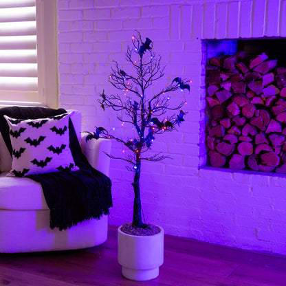 4 ft Nearly Natural Halloween black twig tree with bats, 120 orange purple LED in white pot on Tampa Home & Garden Store