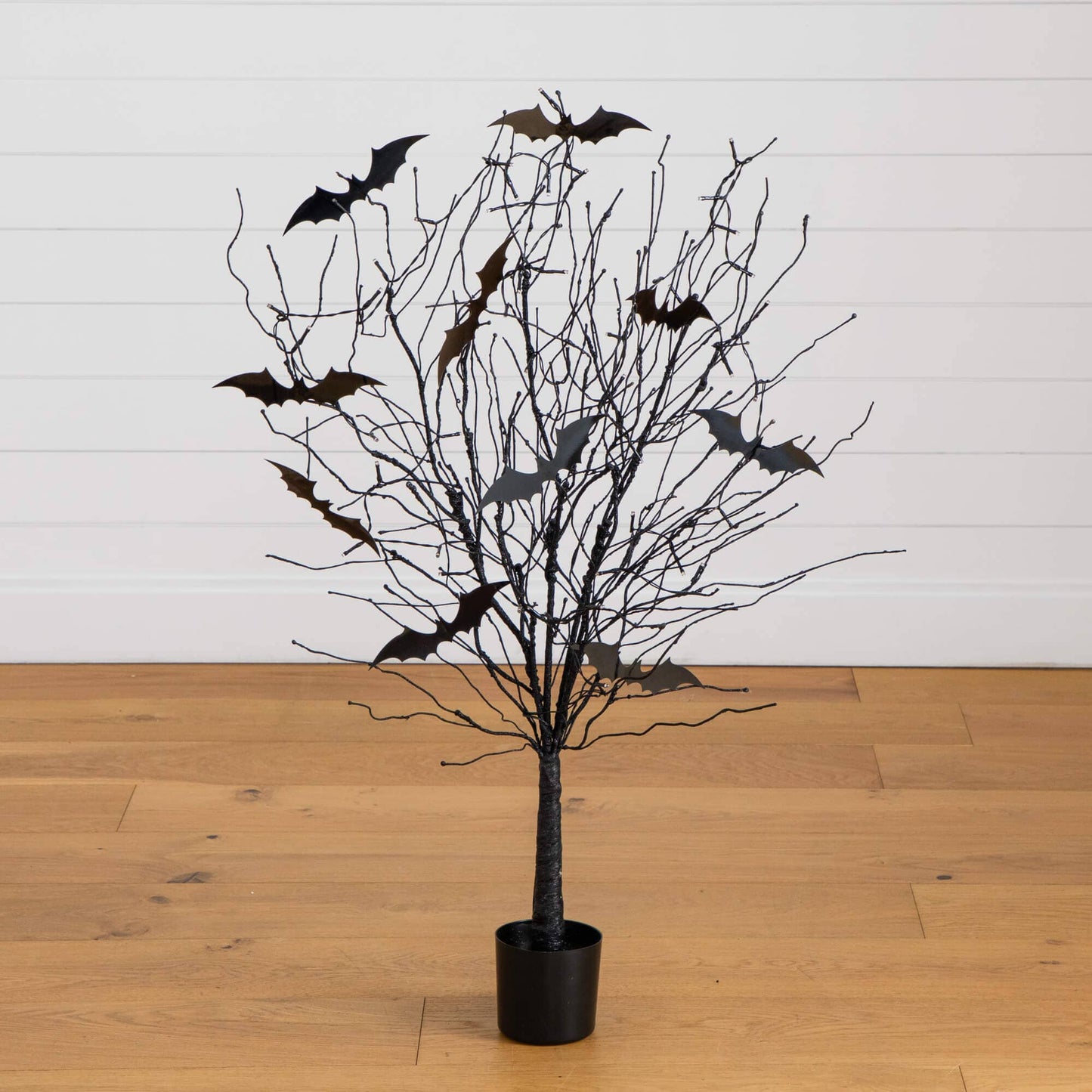 Nearly Natural 4' Pre-Lit Halloween Black Twig Tree with Bats and 50 Orange LED Lights in pot on Tampa Home & Garden Store