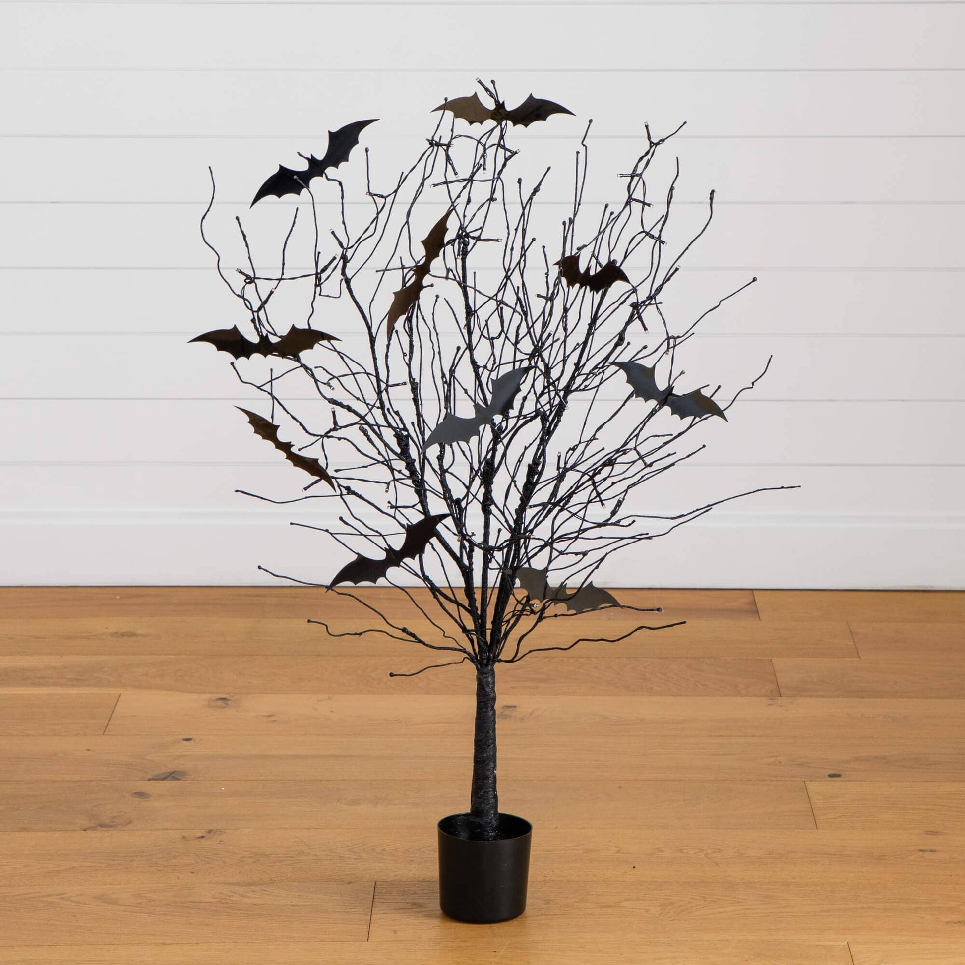 Nearly Natural 4' Pre-Lit Halloween Black Twig Tree with Bats and 50 Orange LED Lights in pot on Tampa Home & Garden Store