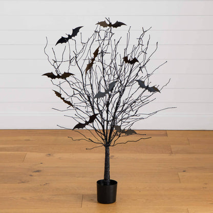 Nearly Natural 4' Pre-Lit Halloween Black Twig Tree with Bats and 50 Orange LED Lights in pot on Tampa Home & Garden Store