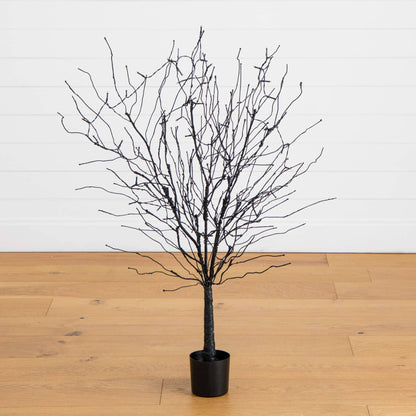 4 ft black twig Halloween tree with 50 orange LED lights in a black pot from Nearly Natural on Tampa Home & Garden Store