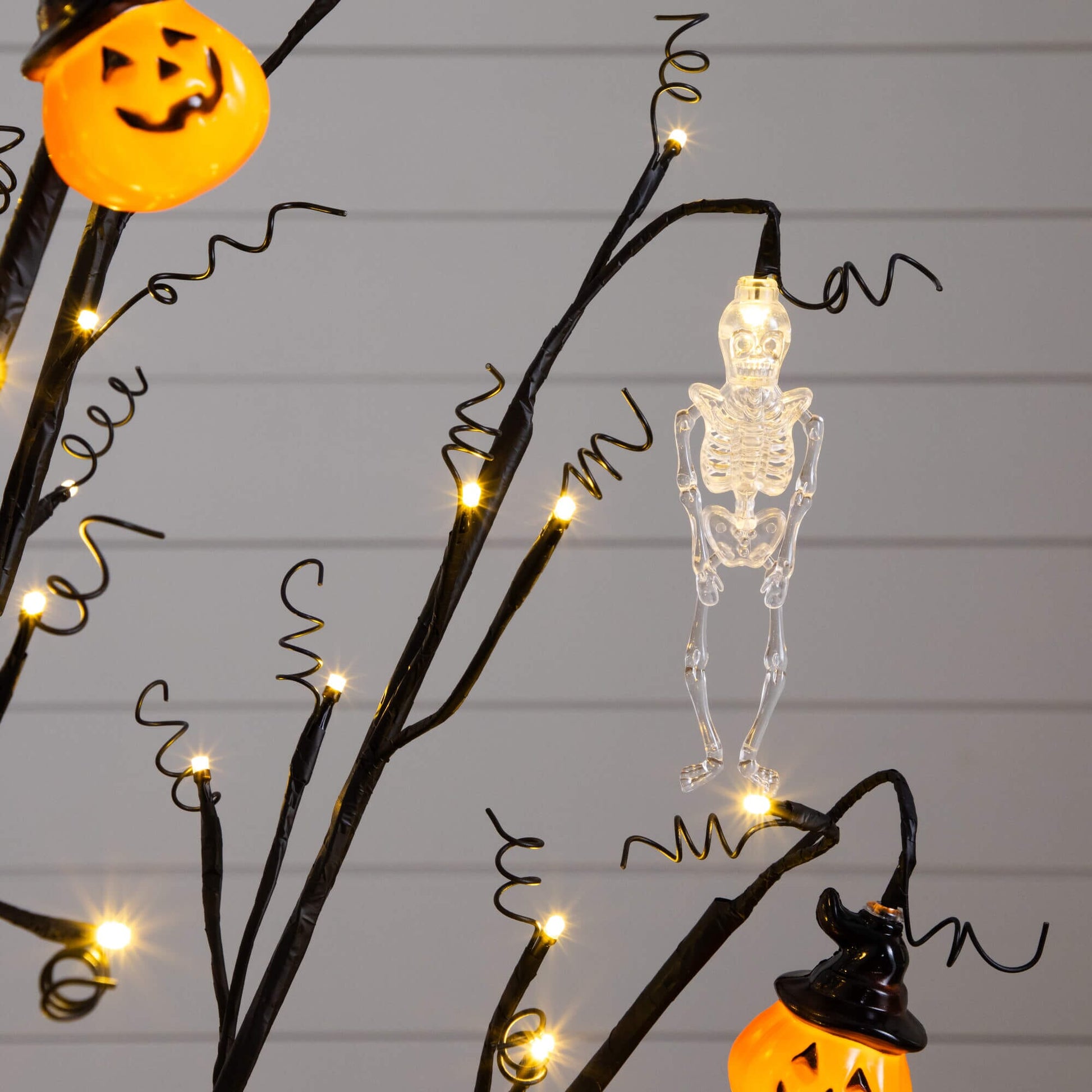4' Halloween Pumpkins and Skulls Ornament Tree with 64 LEDs, orange pumpkins and clear skulls by Nearly Natural on Tampa Home & Garden Store