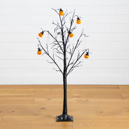 4 ft pre-lit Halloween pumpkin skull ornament tree with 64 warm white LEDs, black branches on Tampa Home & Garden Store