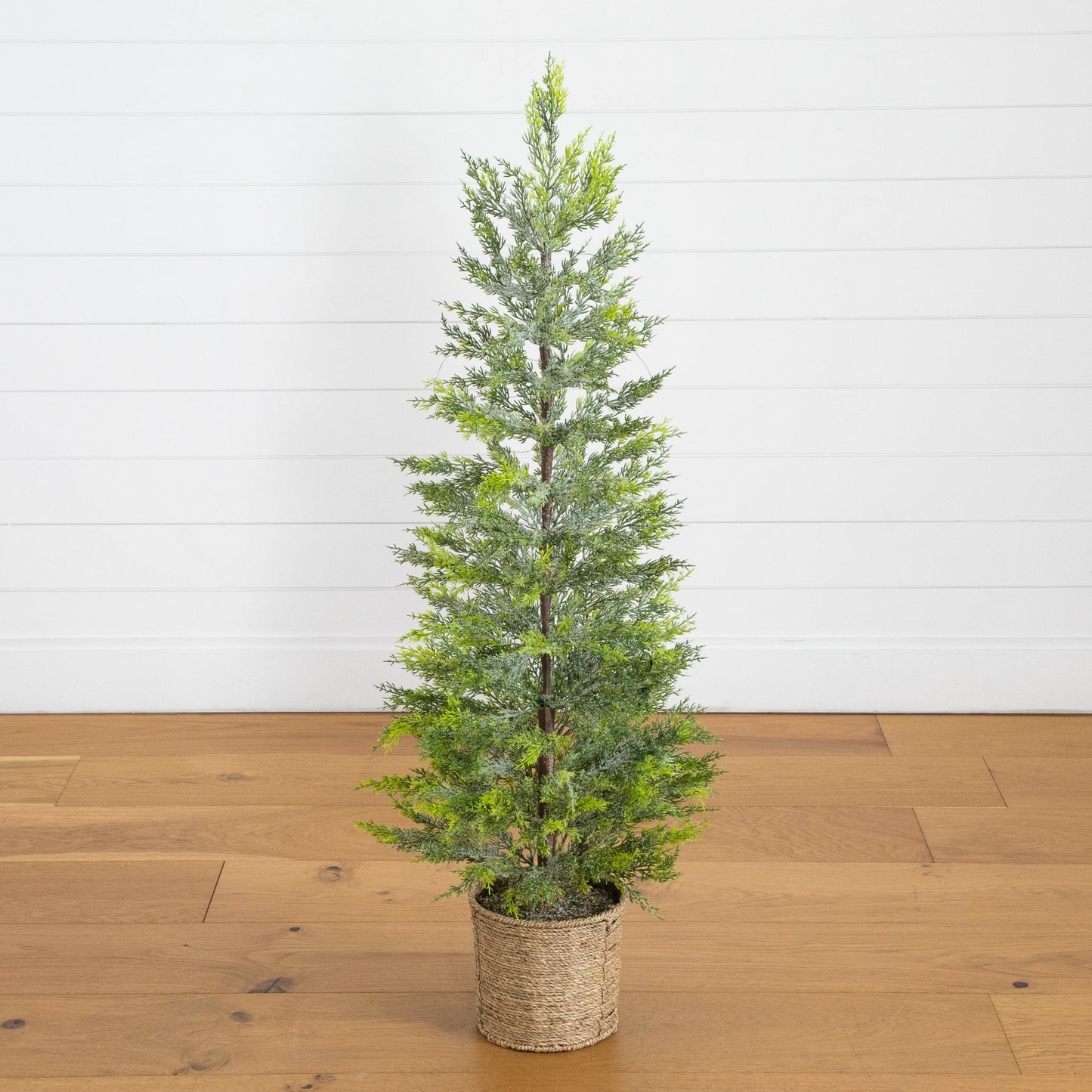 4ft Pre-Lit Snowed Cypress Christmas Tree with 120 LED Lights in hyacinth basket on Tampa Home & Garden Store