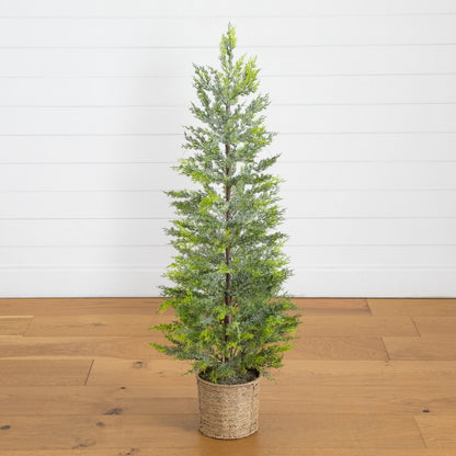 4ft Pre-Lit Snowed Cypress Christmas Tree with 120 LED Lights in hyacinth basket on Tampa Home & Garden Store