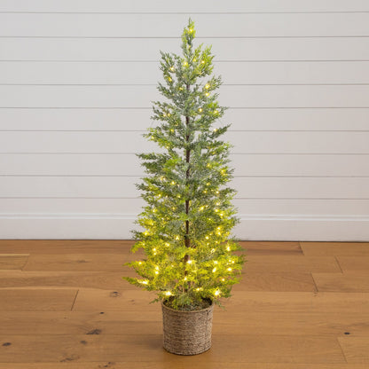 4’ Pre-Lit artificial snowed cypress Christmas tree in a hyacinth basket with 120 LED lights on Tampa Home & Garden Store