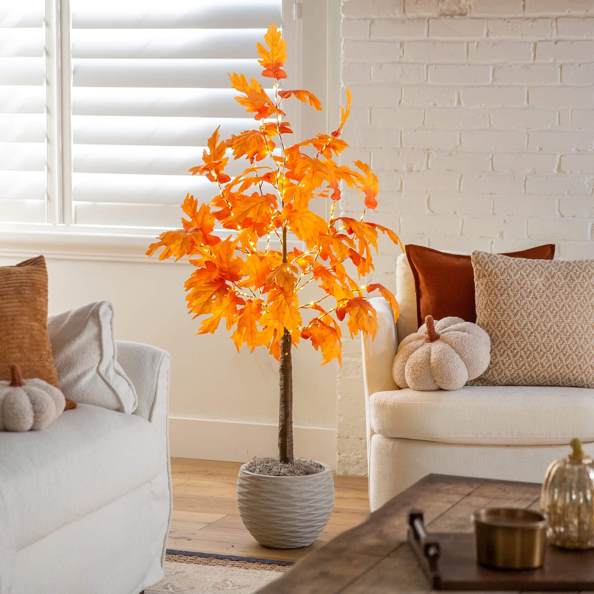4ft Nearly Natural pre-lit autumn maple tree with 180 warm white LED lights in a gray ribbed planter on Tampa Home & Garden Store