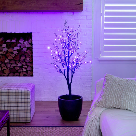 4 ft Pre-Lit Halloween Black Twig Tree by Nearly Natural with 81 orange & purple LEDs in a pot on Tampa Home & Garden Store
