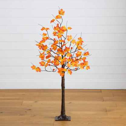 4 ft Pre-Lit Minimalist Autumn Maple artificial tree with orange leaves and pumpkin LED lights by Nearly Natural on Tampa Home & Garden Store