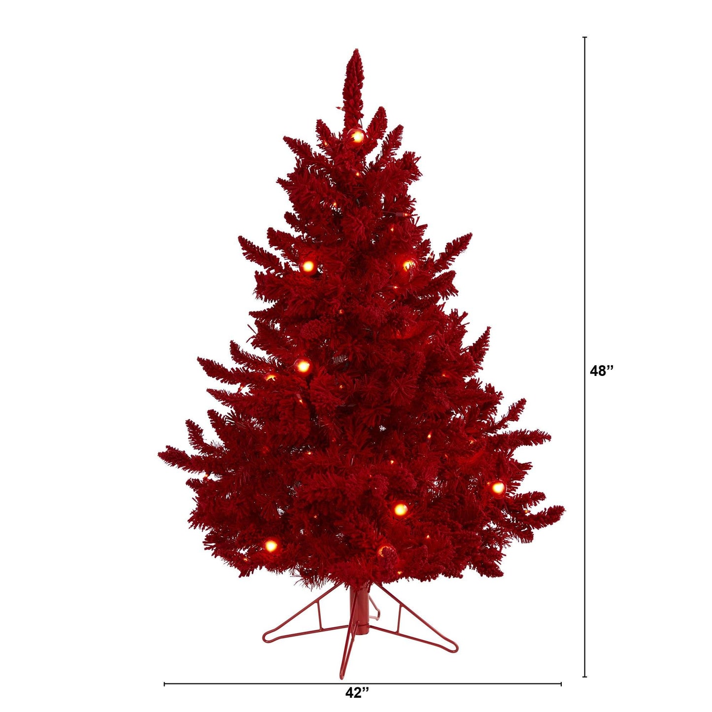 Nearly Natural 4' Red Flocked Fraser Fir artificial Christmas tree with lights and red stand on Tampa Home & Garden Store