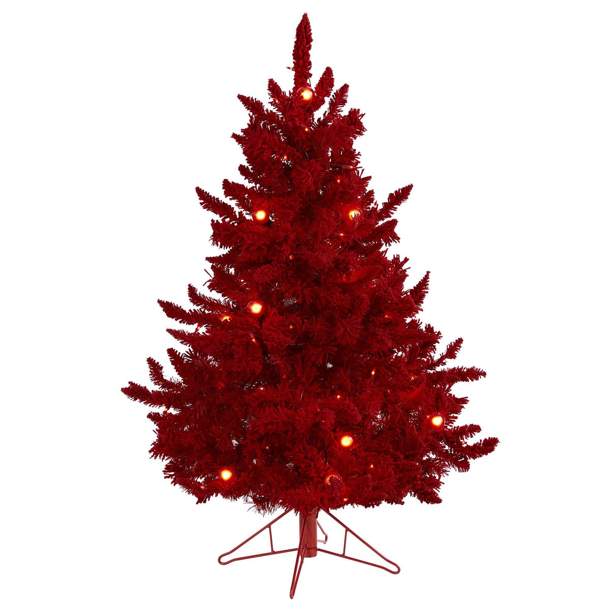4 ft red flocked Fraser Fir artificial Christmas tree with warm lights by Nearly Natural on Tampa Home & Garden Store