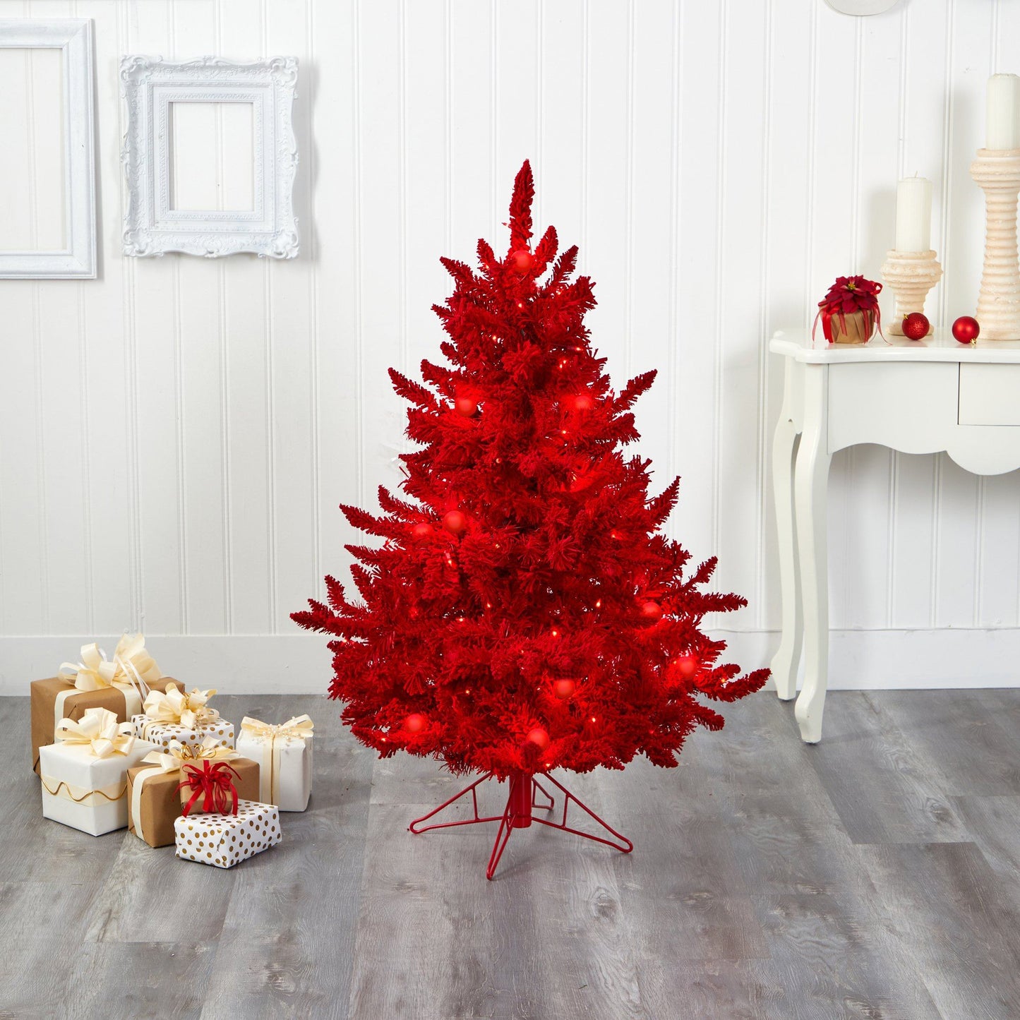 4' Red Flocked Fraser Fir Christmas tree by Nearly Natural with lights on red stand on Tampa Home & Garden Store