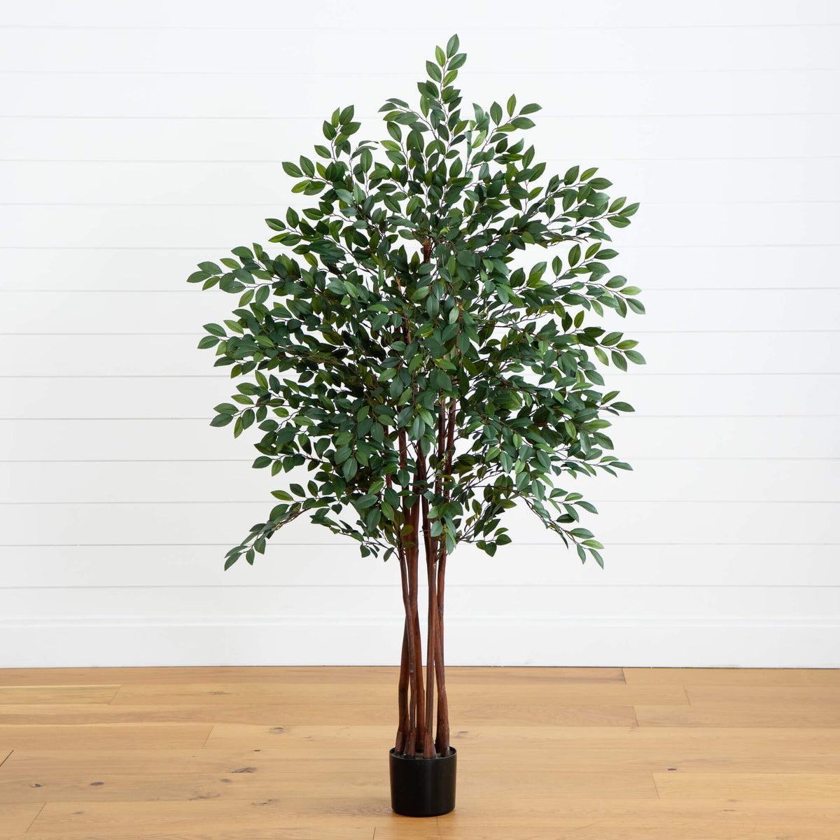4' Ruscus Silk Tree by Nearly Natural, lush green leaves on brown stems in a black planter on Tampa Home & Garden Store