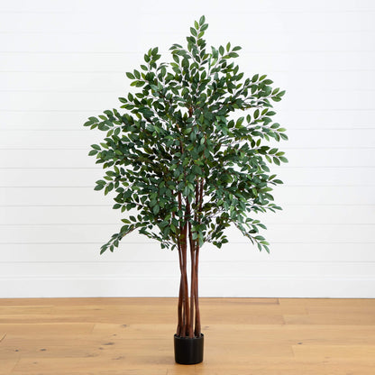 4' Ruscus Silk Tree by Nearly Natural, lush green leaves on brown stems in a black planter on Tampa Home & Garden Store