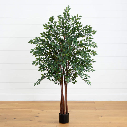 4' Ruscus Silk Tree by Nearly Natural, lush green leaves on brown stems in a black planter on Tampa Home & Garden Store