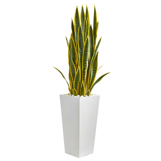 4’ Sansevieria Artificial Plant in White Tower Planter - Tampa Home & Garden Store