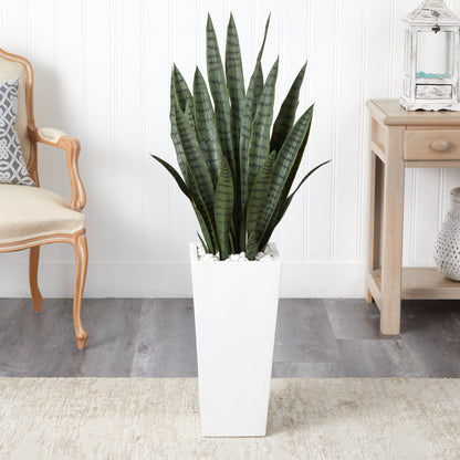 4’ Sansevieria artificial plant in a white tower planter with white decorative stones on Tampa Home & Garden Store