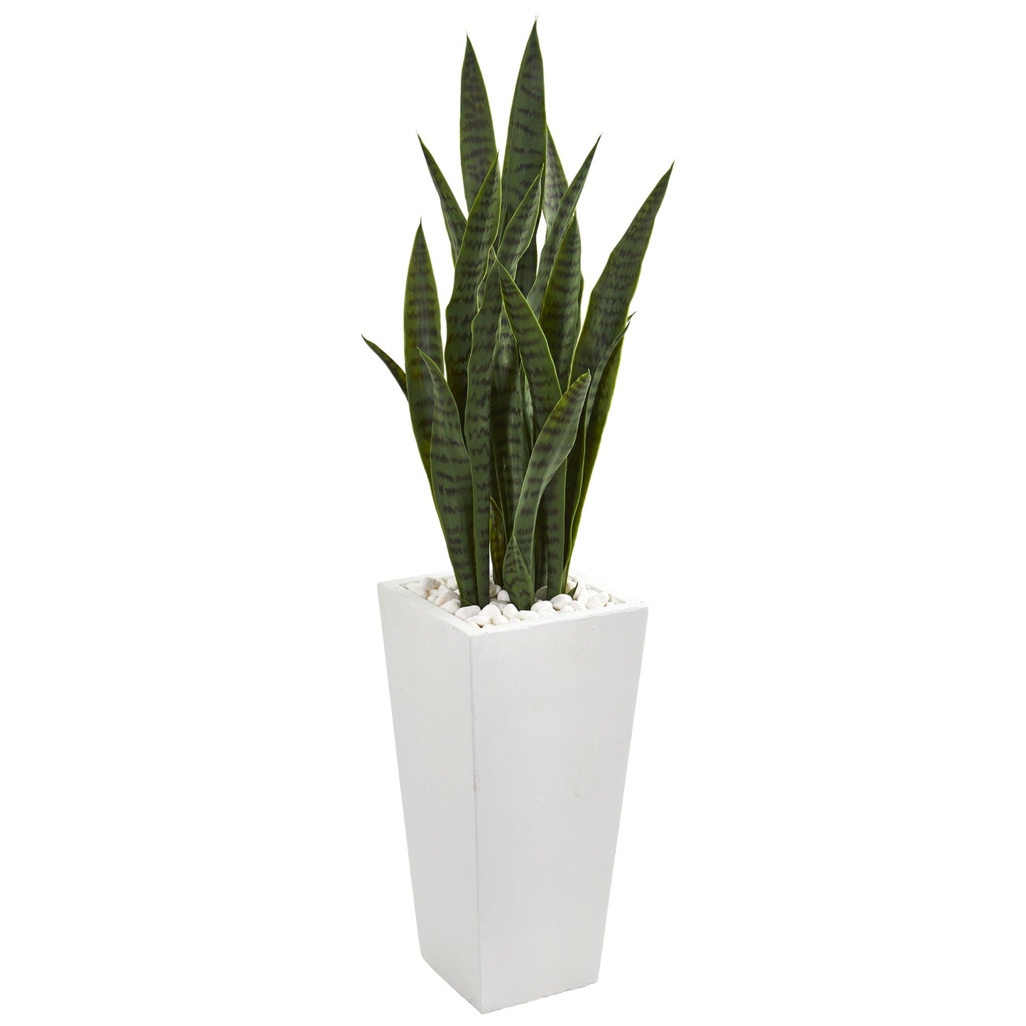 Nearly Natural 4 ft Sansevieria artificial plant in a white tower planter with white stones on Tampa Home & Garden Store