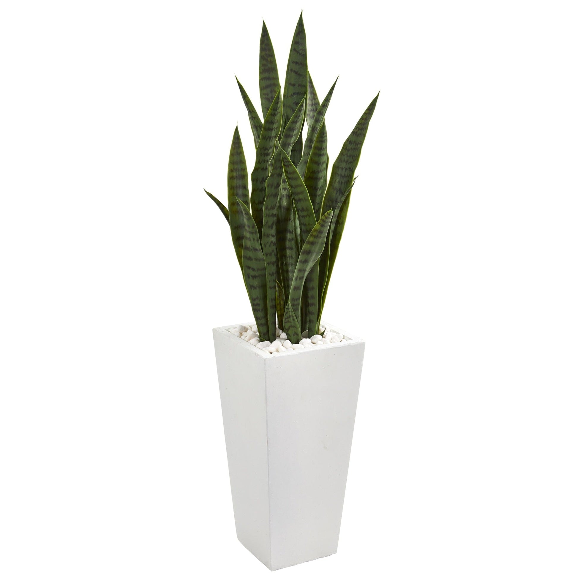 Nearly Natural 4 ft Sansevieria artificial plant in a white tower planter with white stones on Tampa Home & Garden Store