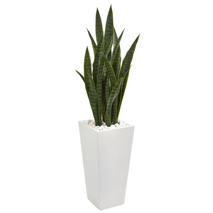 Nearly Natural 4 ft Sansevieria artificial plant in a white tower planter with white stones on Tampa Home & Garden Store