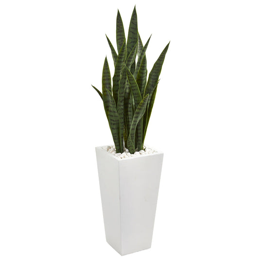Nearly Natural 4 ft Sansevieria artificial plant in a white tower planter with white stones on Tampa Home & Garden Store