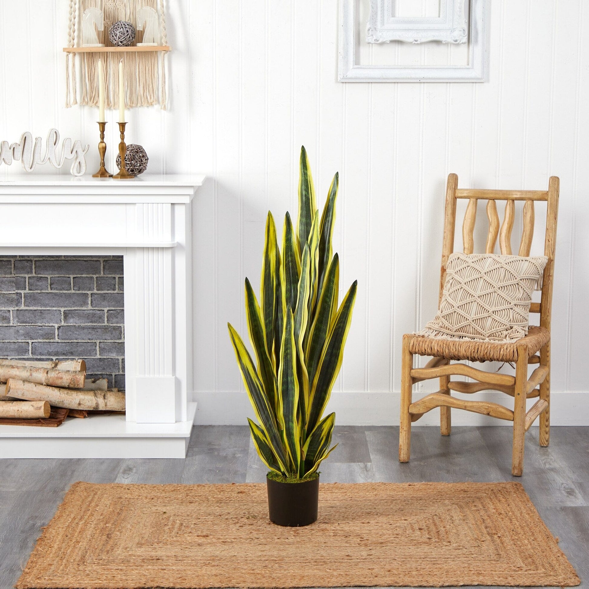 4' Sansevieria artificial plant Nearly Natural in black pot with variegated green leaves on Tampa Home & Garden Store