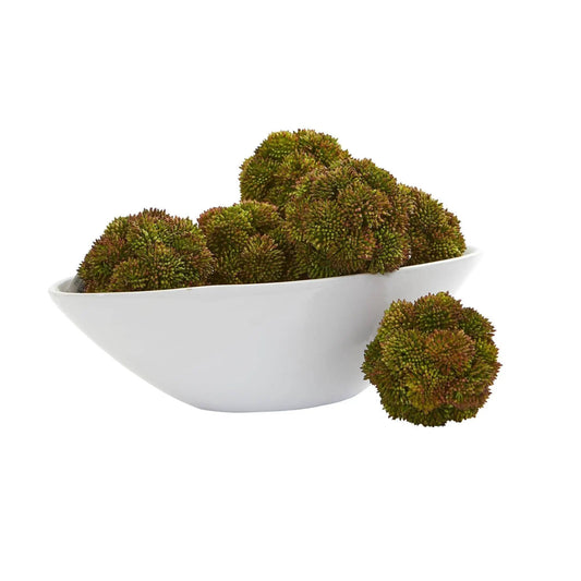 Nearly Natural 4 inch Sedum Artificial Succulent Spheres, set of six in a white bowl on Tampa Home & Garden Store