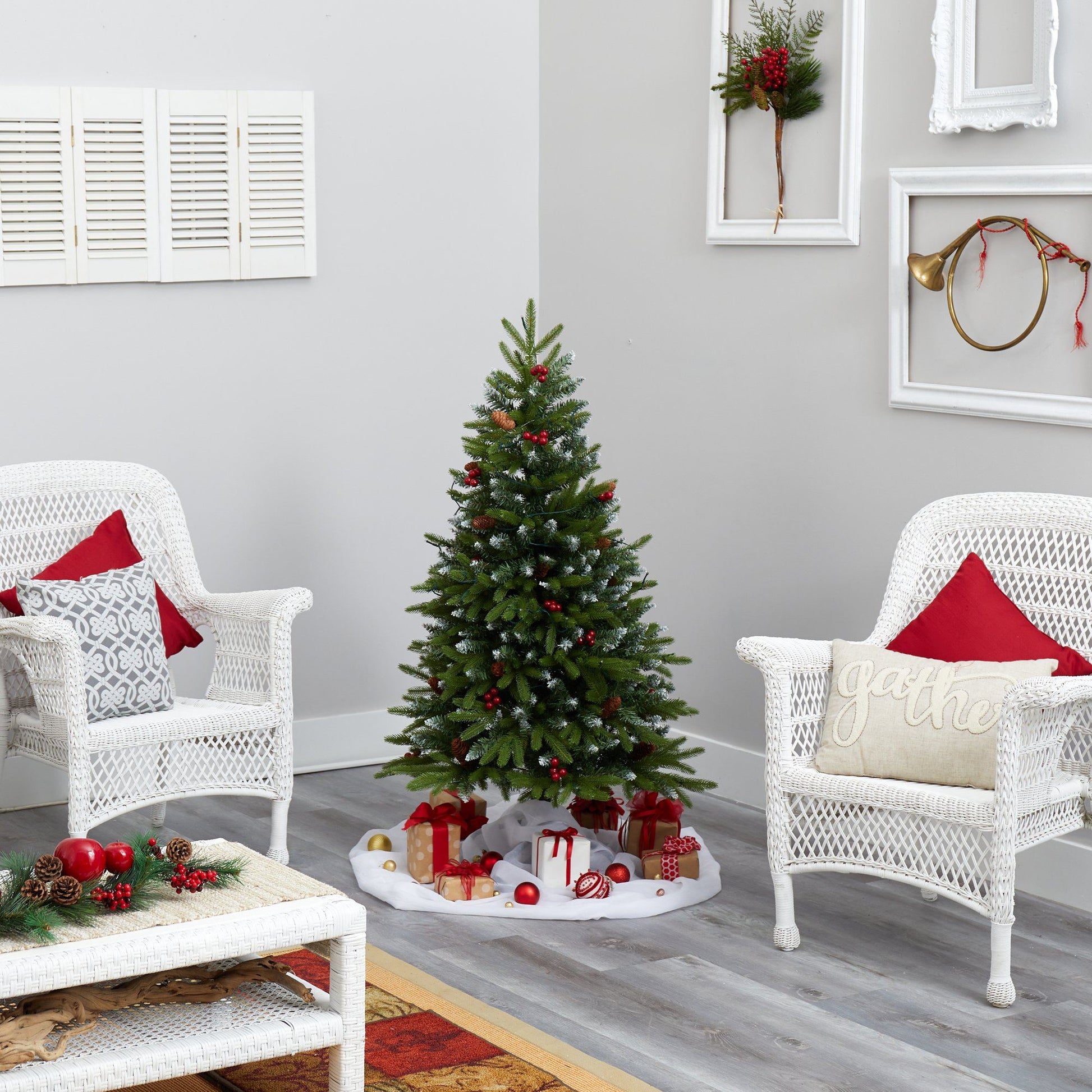 4' Snow Tipped Portland Spruce Christmas Tree with frosted berries, pinecones, 100 LED lights on Tampa Home & Garden Store