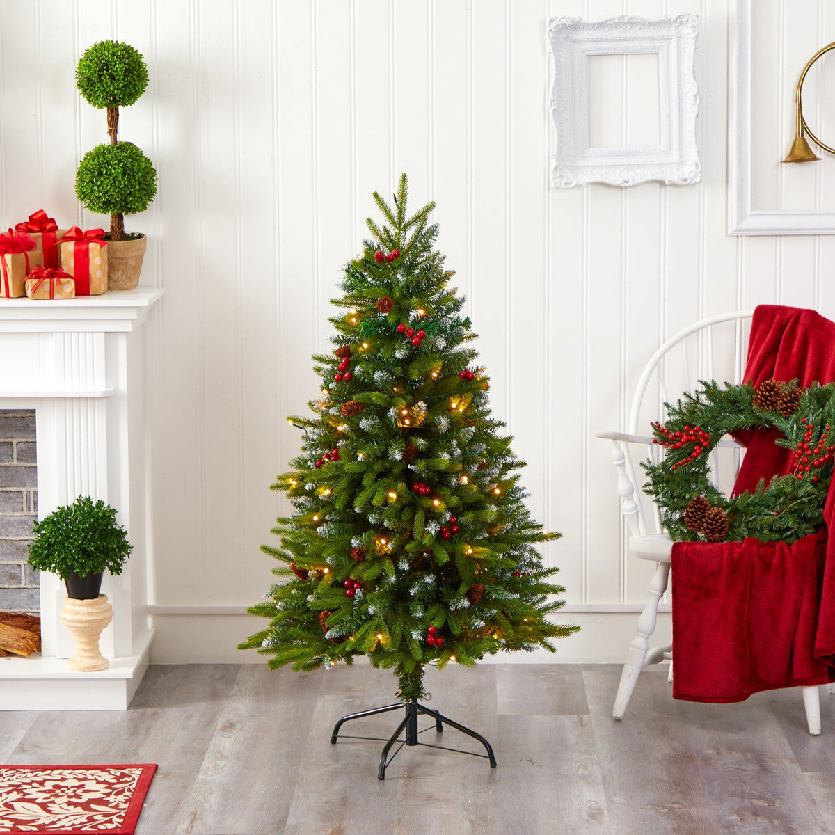 4' Snow Tipped Portland Spruce artificial Christmas tree by Nearly Natural with frosted berries, pinecones and 100 clear LED lights on Tampa Home & Garden Store