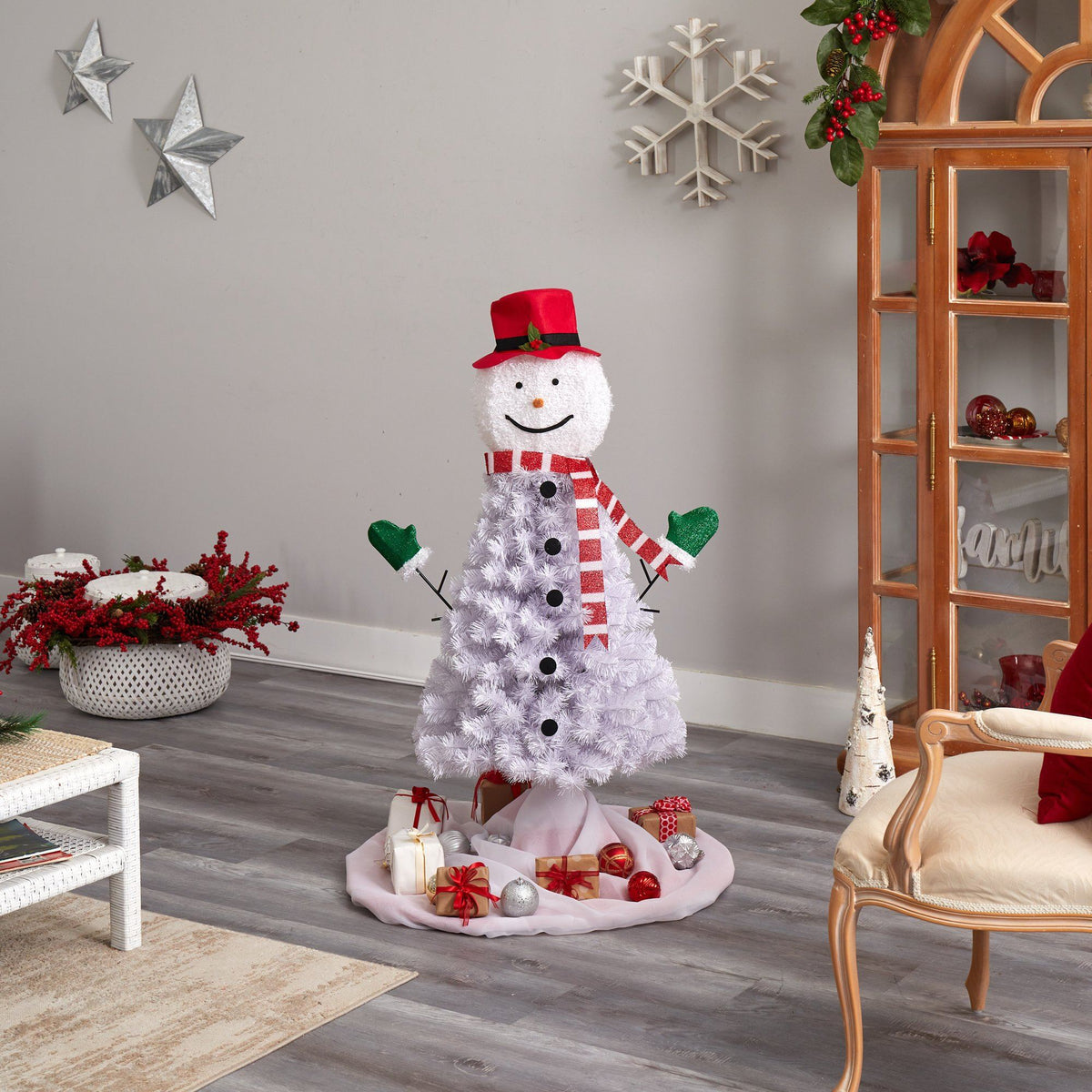 4 ft Snowman Christmas tree by Nearly Natural, white tinsel with 234 bendable branches on Tampa Home & Garden Store